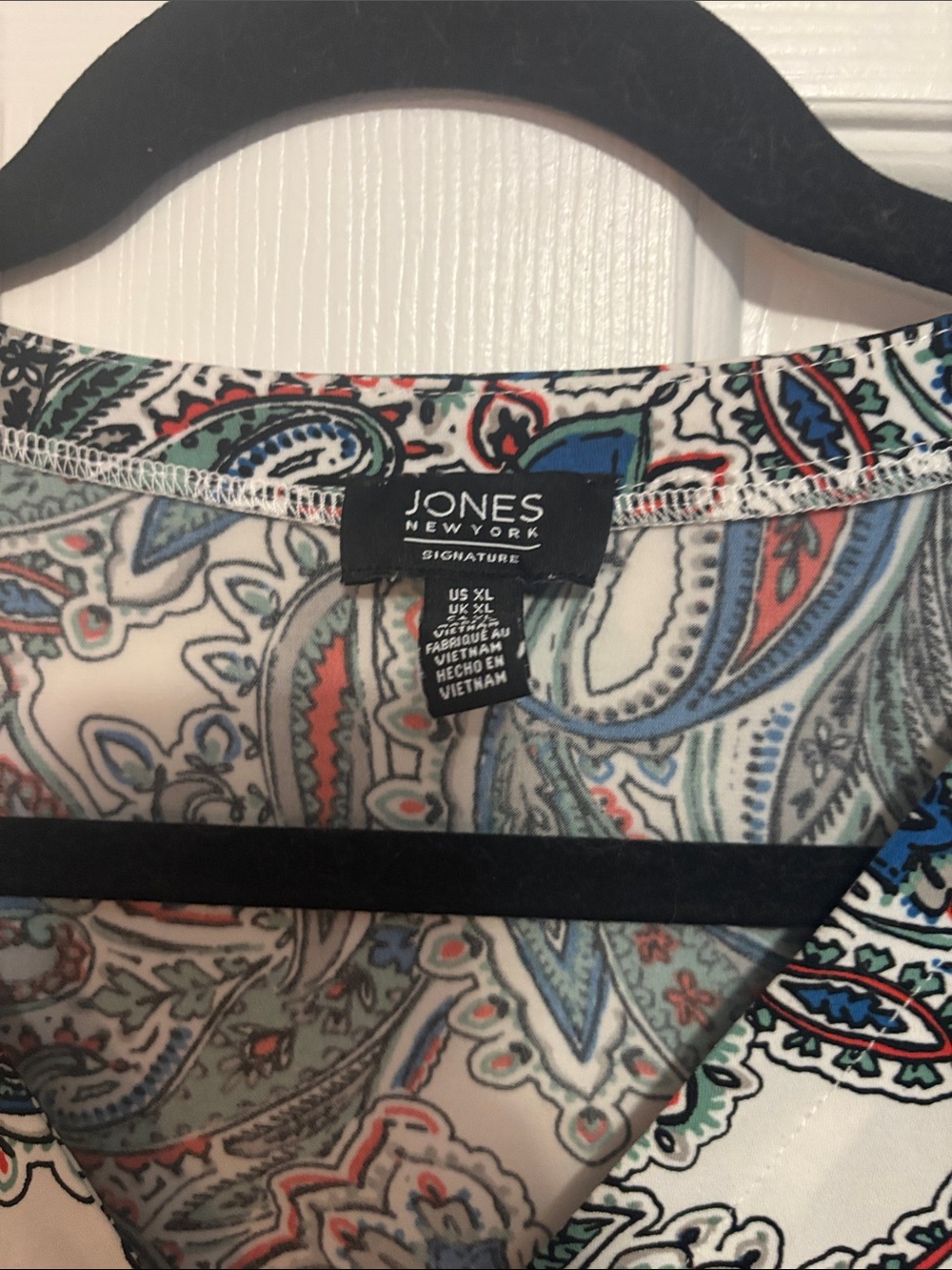 Jones New York White Paisley Floral Short Sleeve Blouse with Blue Accents - Picture 2 of 3